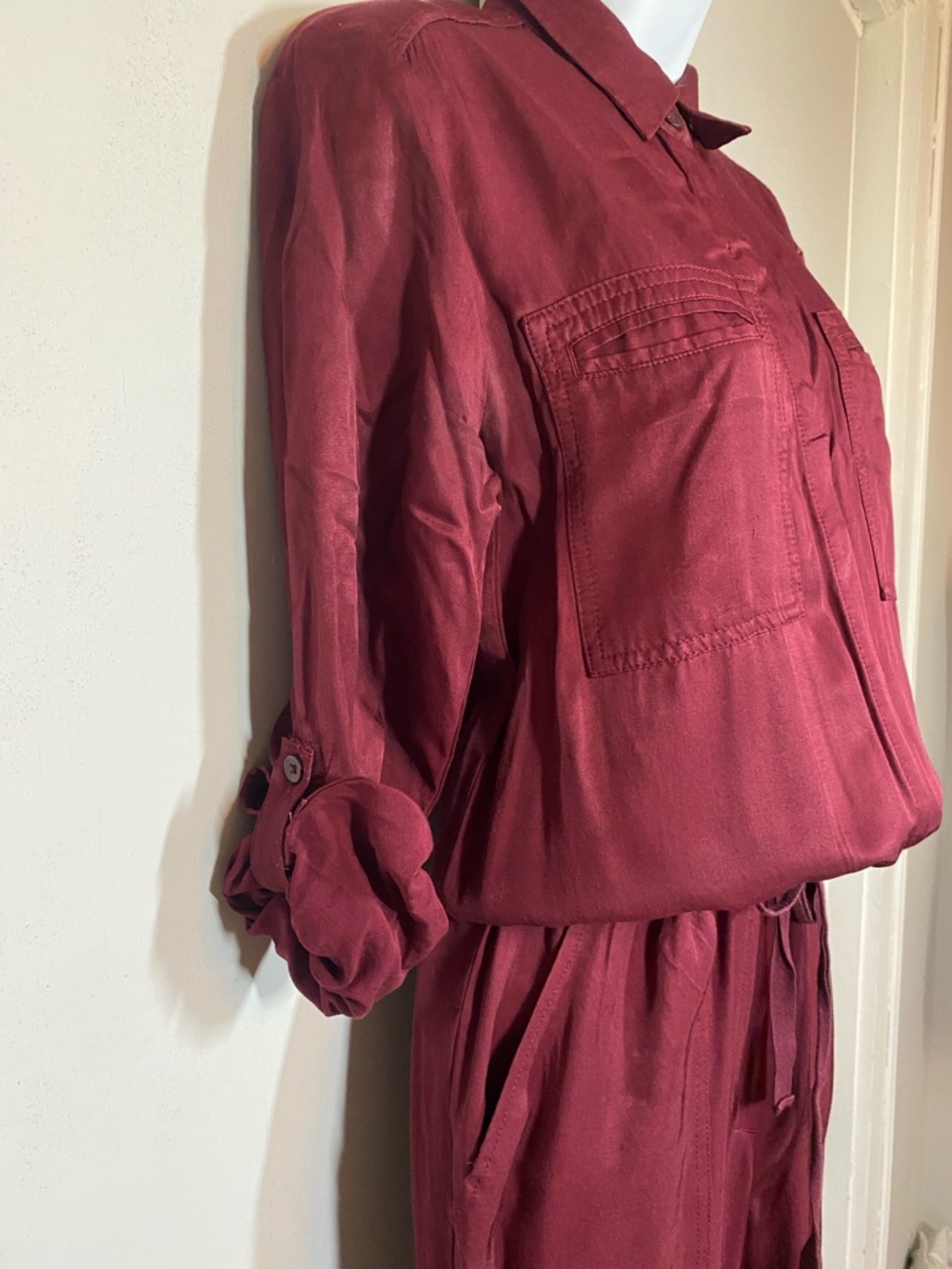 LOFT Burgundy Long-Sleeve Drawstring Jumpsuit - Picture 3 of 5